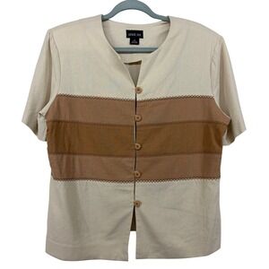 Leslie Fay Size 16 Linen Blend Short Sleeve Button Front Top Tan Brown Stripe